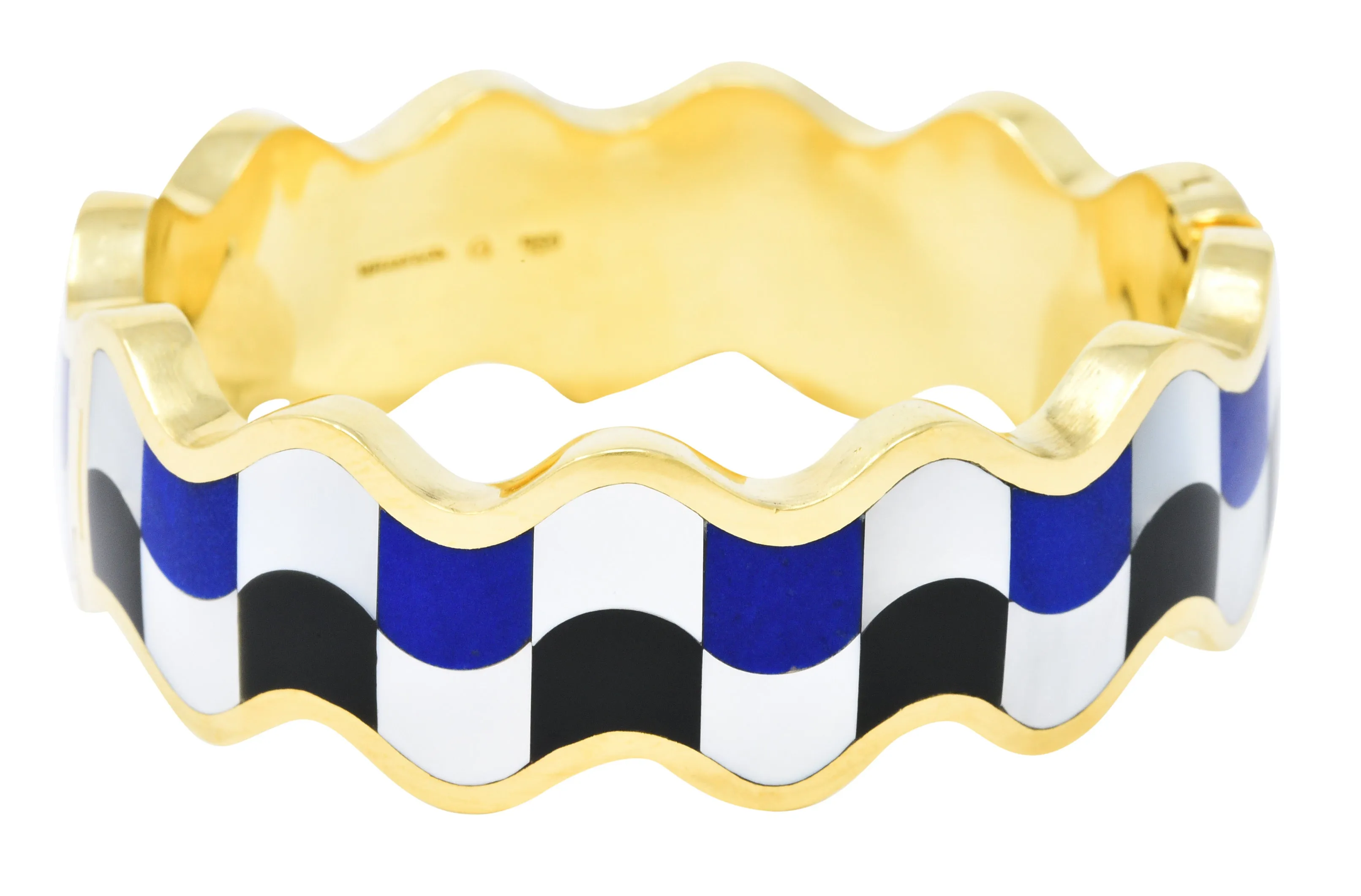 Angela Cummings Tiffany & Co. Inlaid Onyx Lapis Mother-Of-Pearl 18 Karat Gold Wave Bangle Bracelet