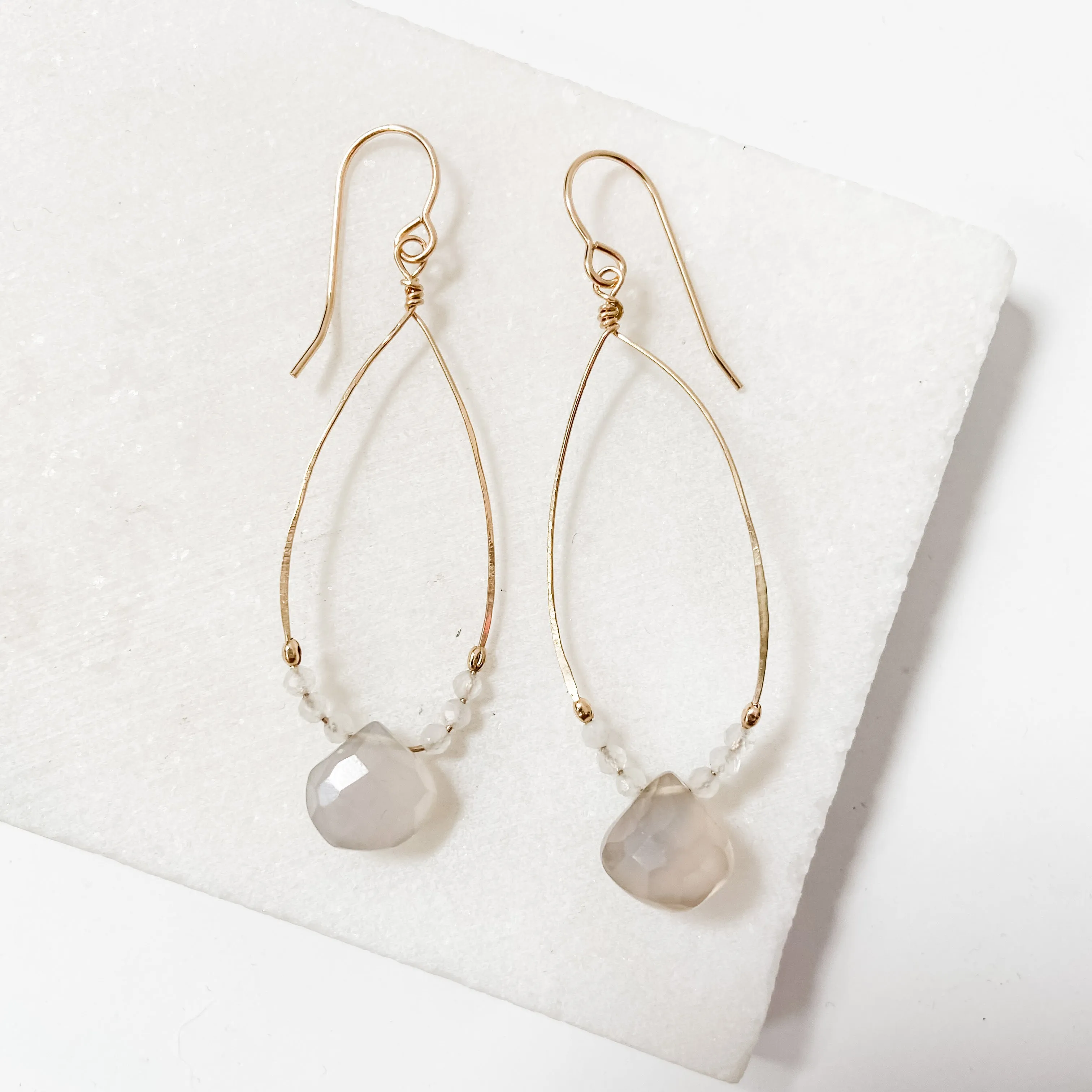 Chalcedony, Genuine Gemstone Gold Filled Hoops Wrapped Earrings, Chalcedony Gemstone