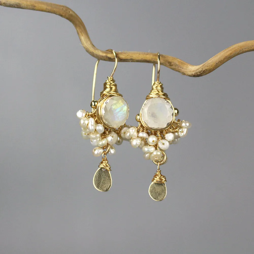 Faceted Moonstone Pearl Goddess Earrings