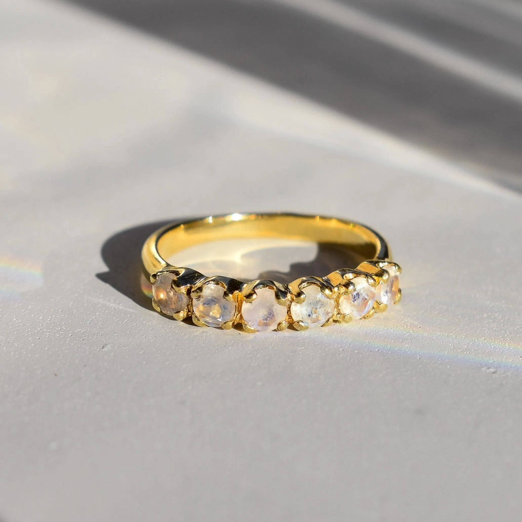Gold Moonstone Band - Natural Moonstone Ring, Half Eternity Rainbow Moonstone Ring
