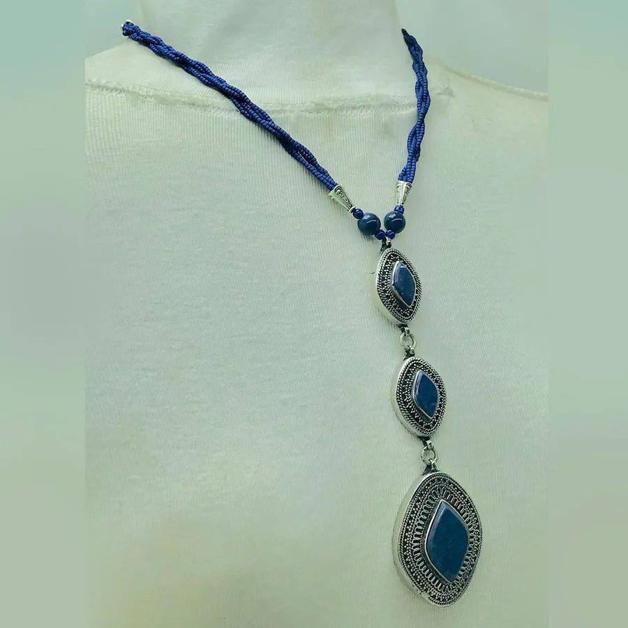 Lapis Statement Necklace with Antique Silver Pendants