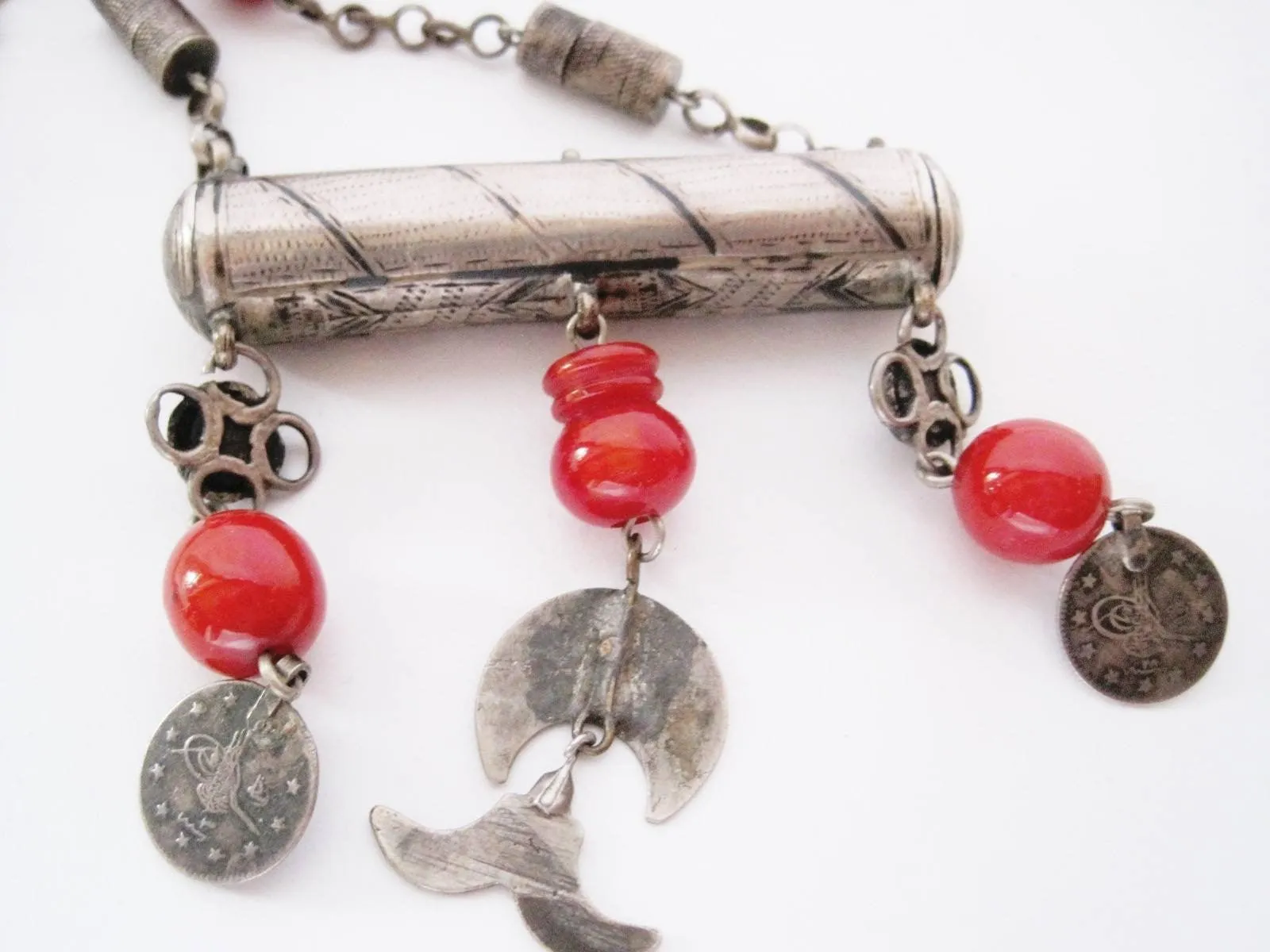 Ottoman Silver and Niello Amulet Necklace with Bakelite Beads