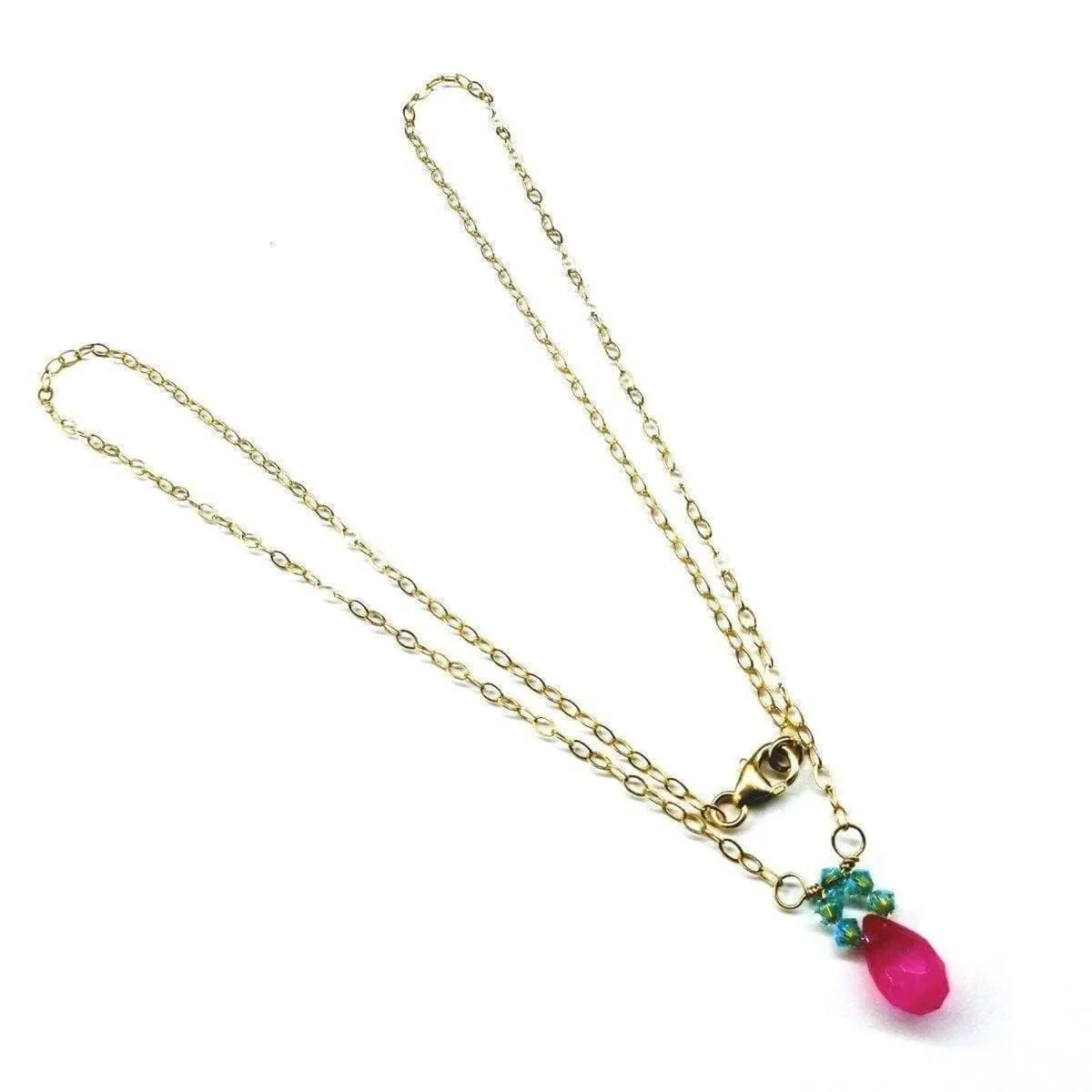 Pink Gemstone Drop and Turquoise Crystal 14 K Gold Filled Necklace