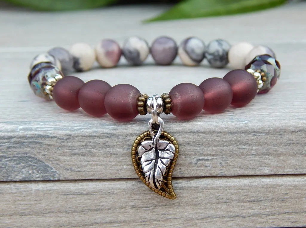 Plum and Gray Beaded Bracelet with Leaf Charms