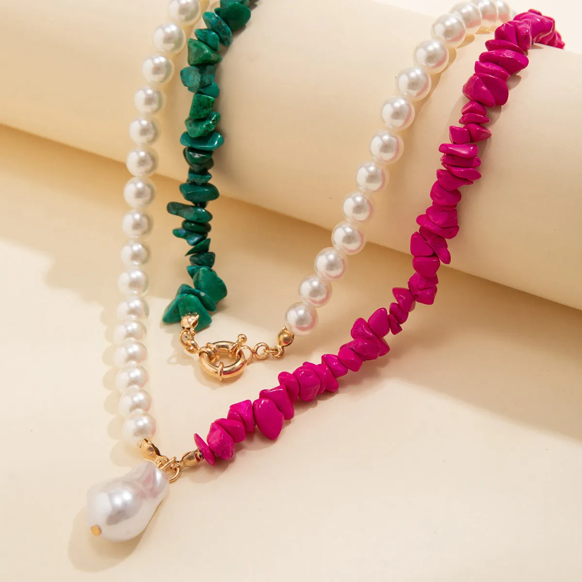 Retro Turquoise and Imitation Pearl Necklace with French Charm