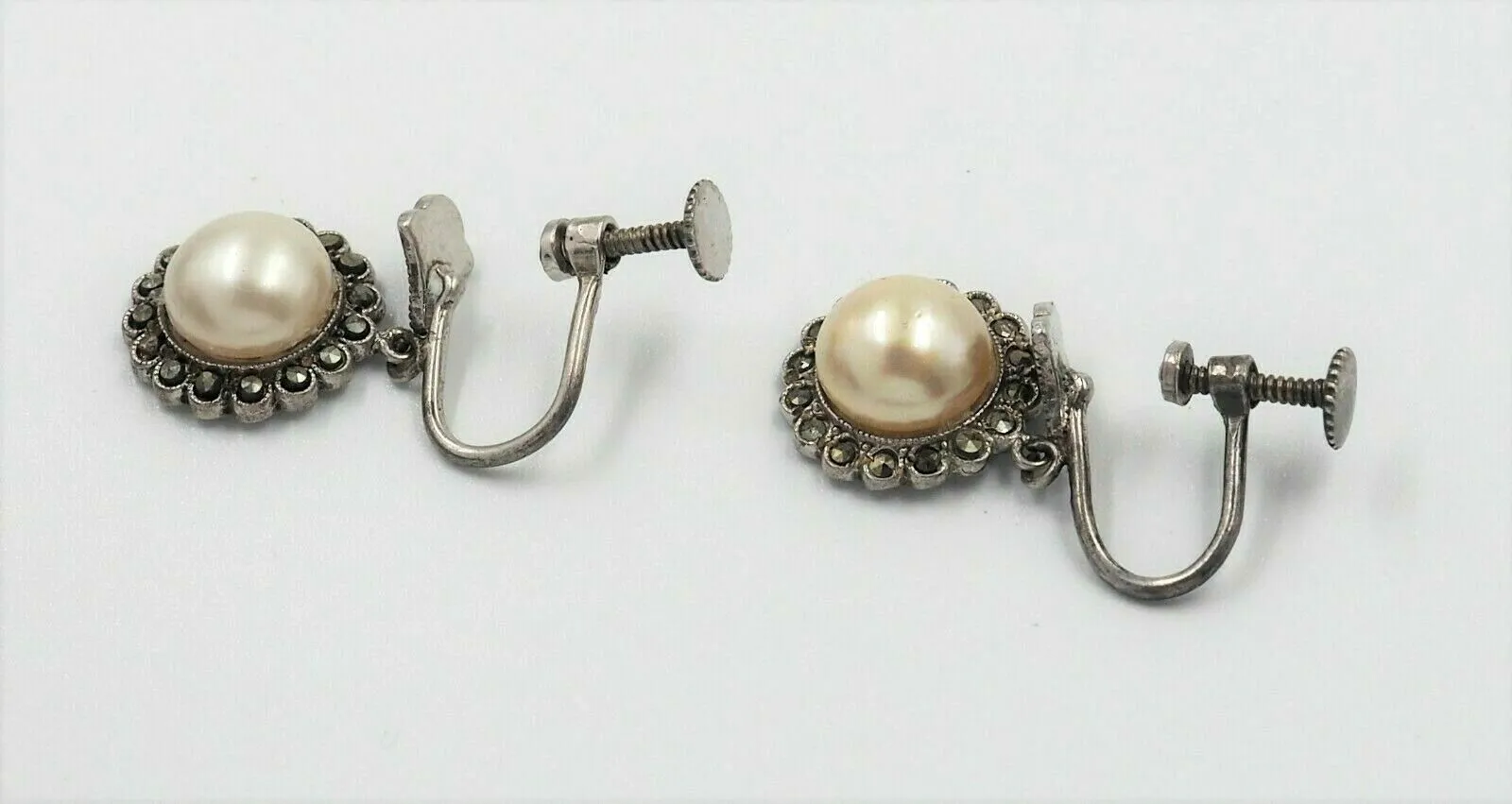 Silver Pearl Marcasite Drop Earrings
