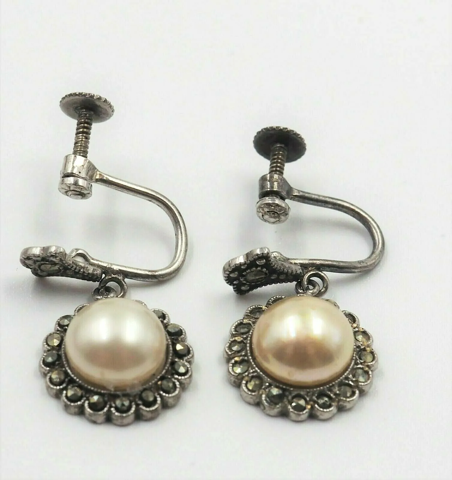 Silver Pearl Marcasite Drop Earrings