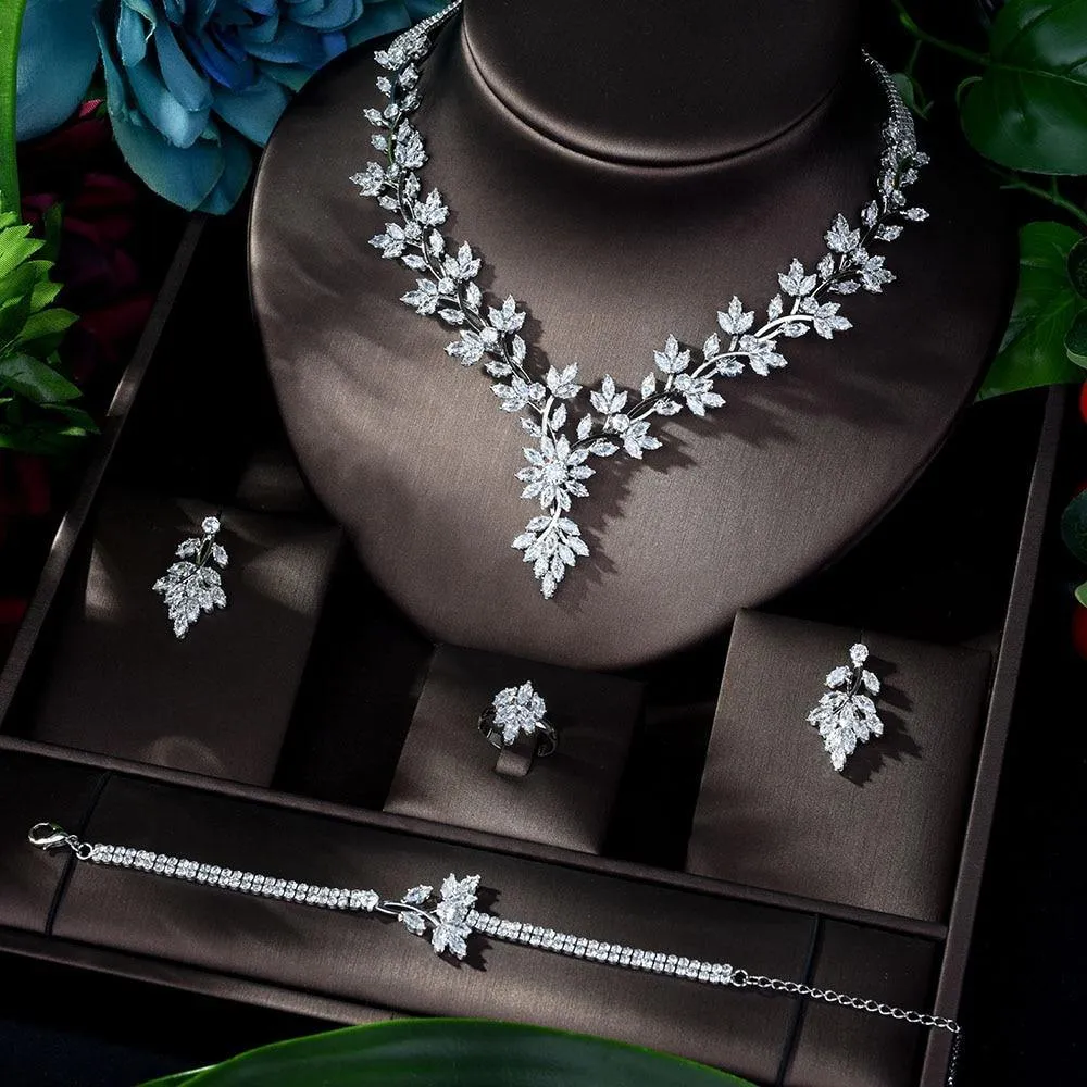 Super Luxury Leaf Design AAAA  Quality Cubic Zirconia Diamonds 4 piece Jewelry Wedding Bridal Set