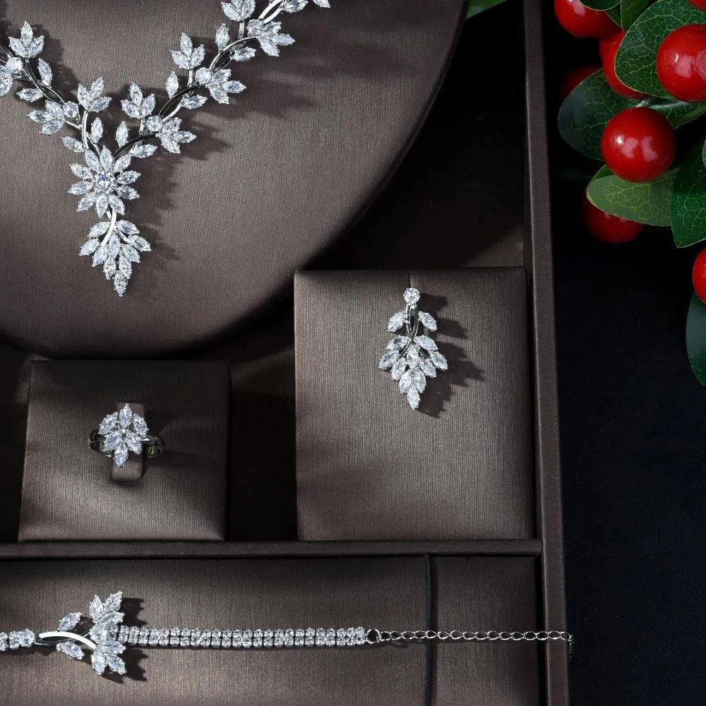 Super Luxury Leaf Design AAAA  Quality Cubic Zirconia Diamonds 4 piece Jewelry Wedding Bridal Set