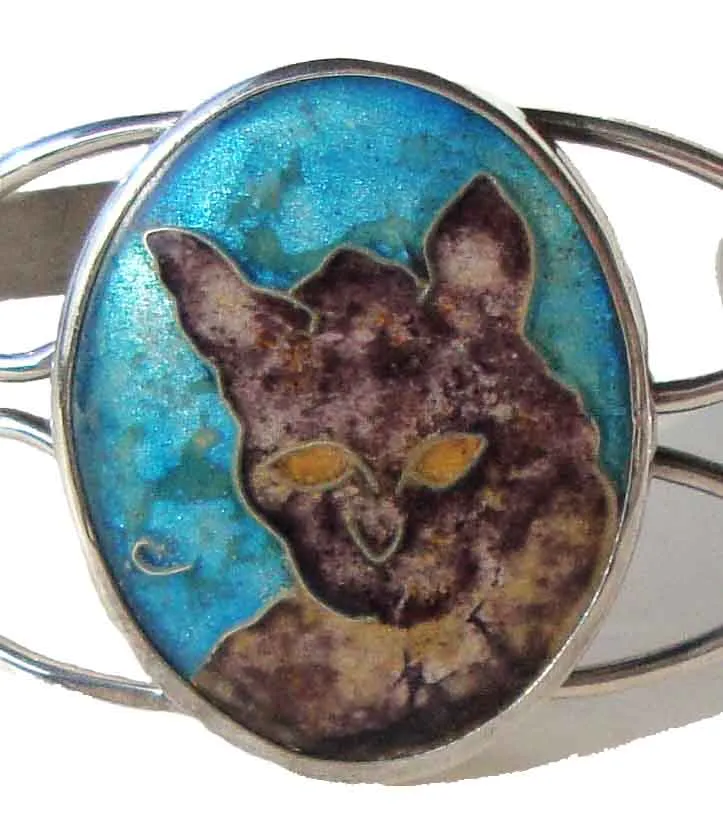 Vintage Enameled Cat Bracelet Sterling Cloisonne Cuff