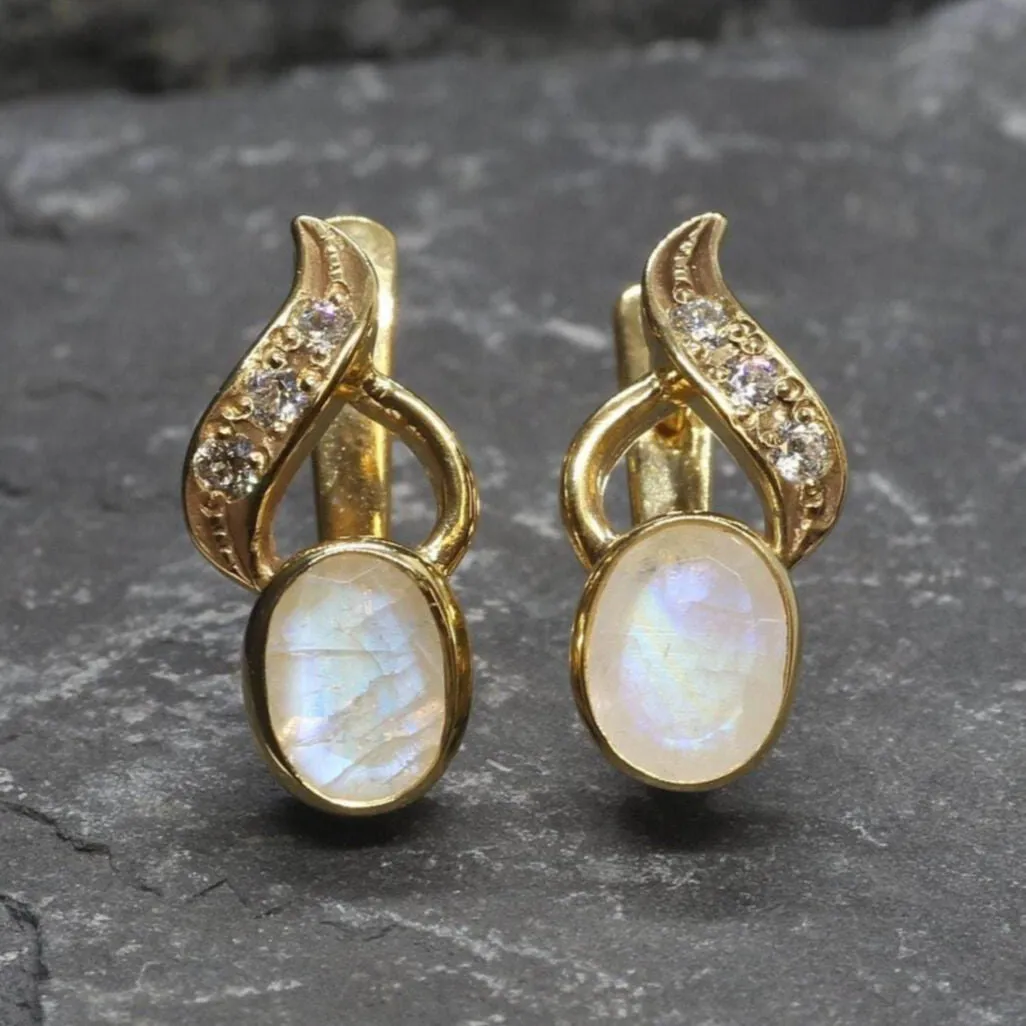 Vintage Moonstone Gold Earrings, Natural Moonstone Earrings, Long Moonstone Earrings
